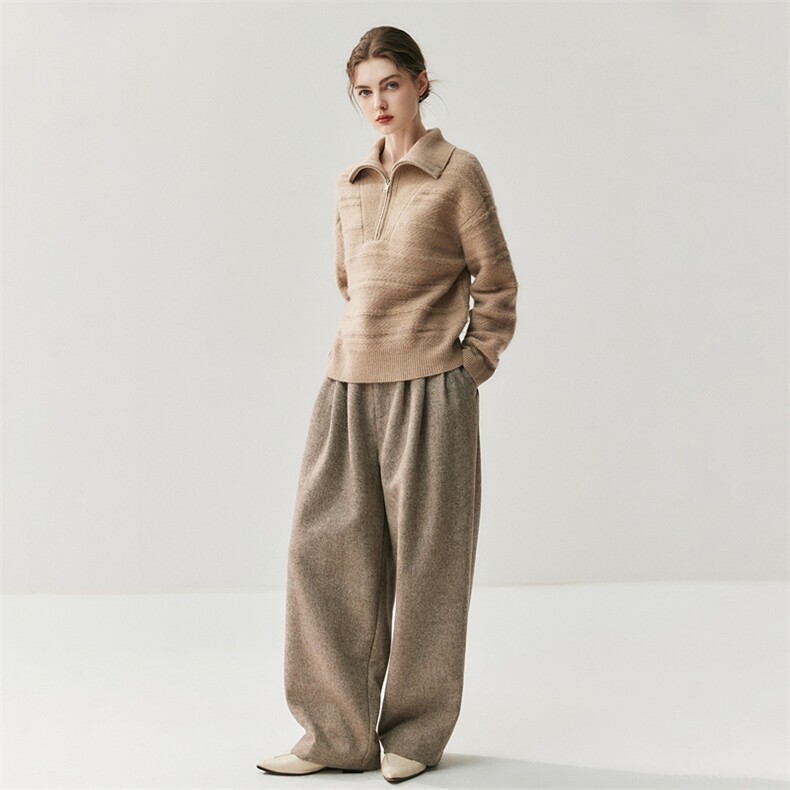 2025年秋季新款百搭半拉链银丝落肩横麻花,针织衫/毛衣,绒创羊绒
