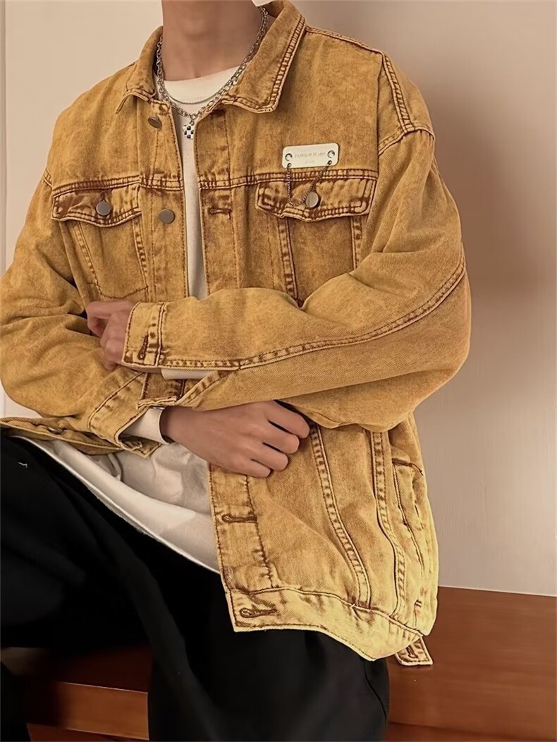 欧美高街vibe外套男春秋美式复古水洗棕色大码牛仔夹克J5561-p70,男装夹克,星座1008