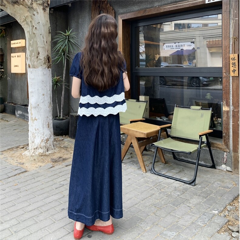 2025年夏季新款牛仔拼蕾丝花边两件套P155K218,女装套装/套裙,帛锦泉