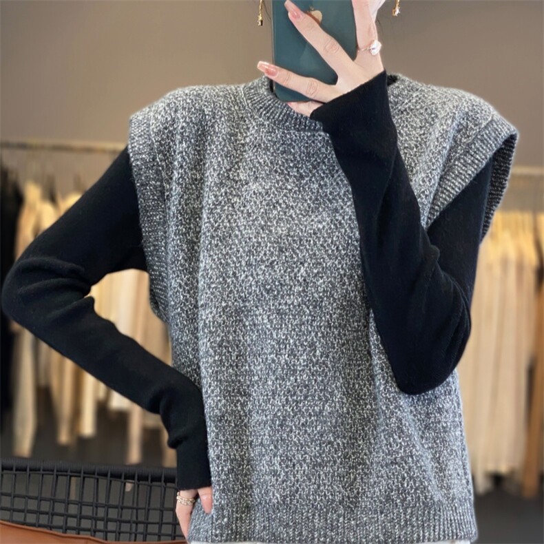 欧货巨好看星空灰羊毛针织马甲女圆领坎肩宽松无袖叠穿背心秋冬厚,女装马甲,雪真羊绒