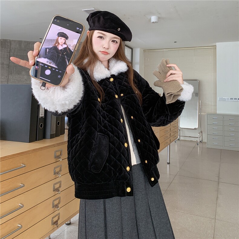 现货款号7765黑色丝绒棉衣P205K298,女装棉衣/棉服,2D043