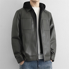 高端商务假两件皮衣羽绒服男士连帽秋冬加厚保暖黑色皮夹克，男装夹克，星座914