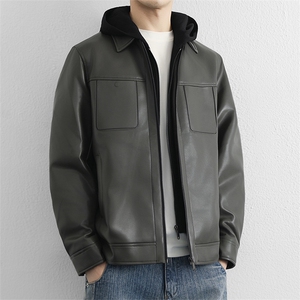 高端商务假两件皮衣羽绒服男士连帽秋冬加厚保暖黑色皮夹克图片