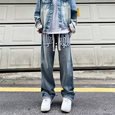 美式复古牛仔裤男高街潮棕色刺绣宽松直筒垂感阔腿裤NK288-P48，男装牛仔裤，星座1001-1