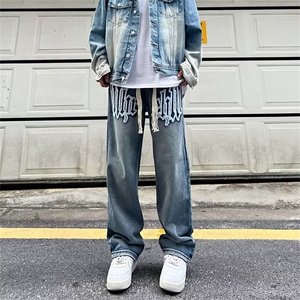 美式复古牛仔裤男高街潮棕色刺绣宽松直筒垂感阔腿裤NK288-P48图片