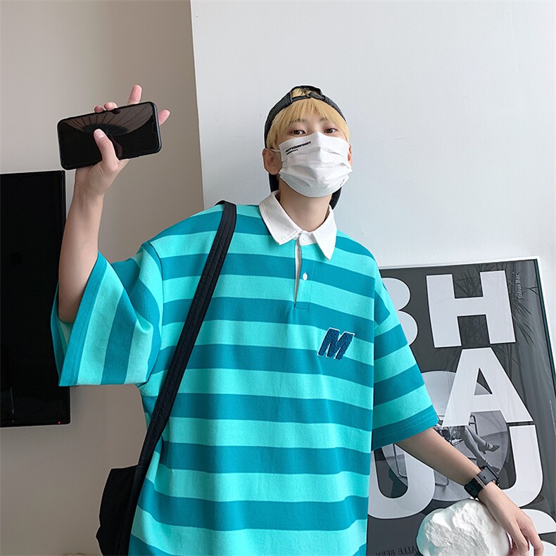 条纹POLO衫男士短袖t恤夏季宽松百搭时尚情侣翻领半袖T0960-P30,男装T恤,星座308B-1
