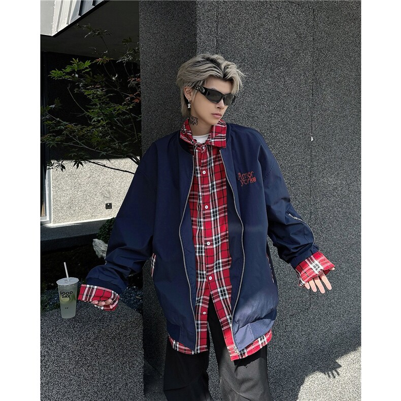 Q17/P69美式小众格子拼接假两件外套男女春复古工装飞行员夹克潮,男装夹克,星座1506