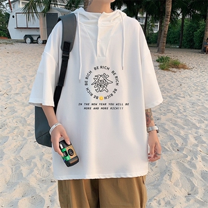 LD54163-P45 连帽短袖t恤男大码胖子带帽五分袖中袖图片