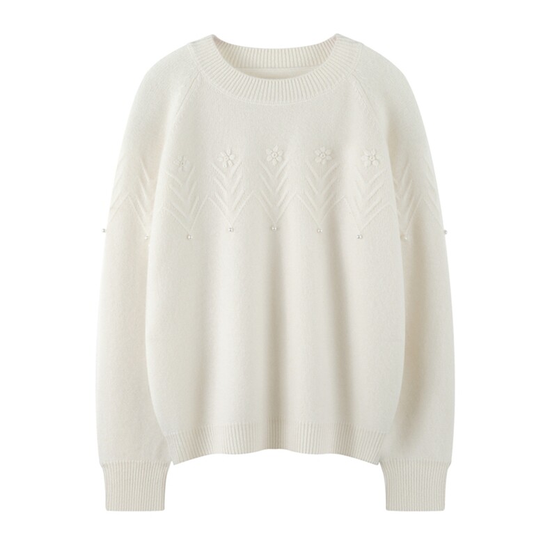 2025秋冬舒适时尚百搭新款珍珠插肩圆领羊绒衫，女装羊绒衫，绒知纯羊绒