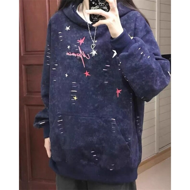 美式重工印花破洞透底斑驳感卫衣宽松连帽衫男W16114,男装卫衣,星座1116A（原606A-3）