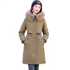 现货2024年冬季腰间可抽绳后背绣字母时尚派克服配高纺大毛领，女装派克服，采品优优