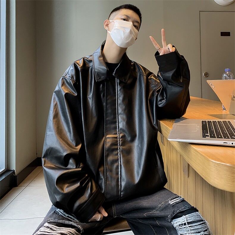 A812-P66皮衣外套男款秋季美式潮牌翻领宽松pu皮拼接机车服夹克,男装夹克,星座512-6