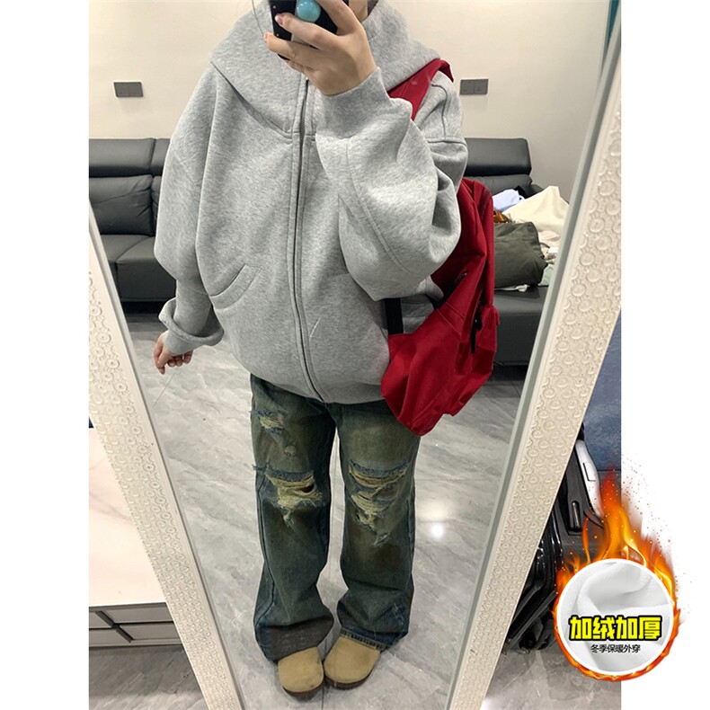 480G重磅加绒硬挺boxy男女秋冬美式高街防风高领卫衣开衫厚外套,女装短外套,电商A486