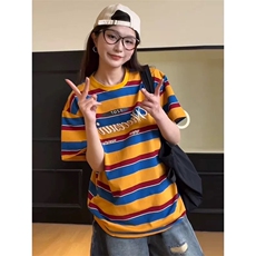 网图有货美式复古彩虹条纹短袖T恤男女宽松慵懒休闲上衣A653-P40，男装T恤，星座1505