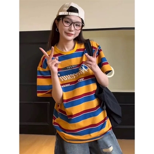 网图有货美式复古彩虹条纹短袖T恤男女宽松慵懒休闲上衣A653-P40