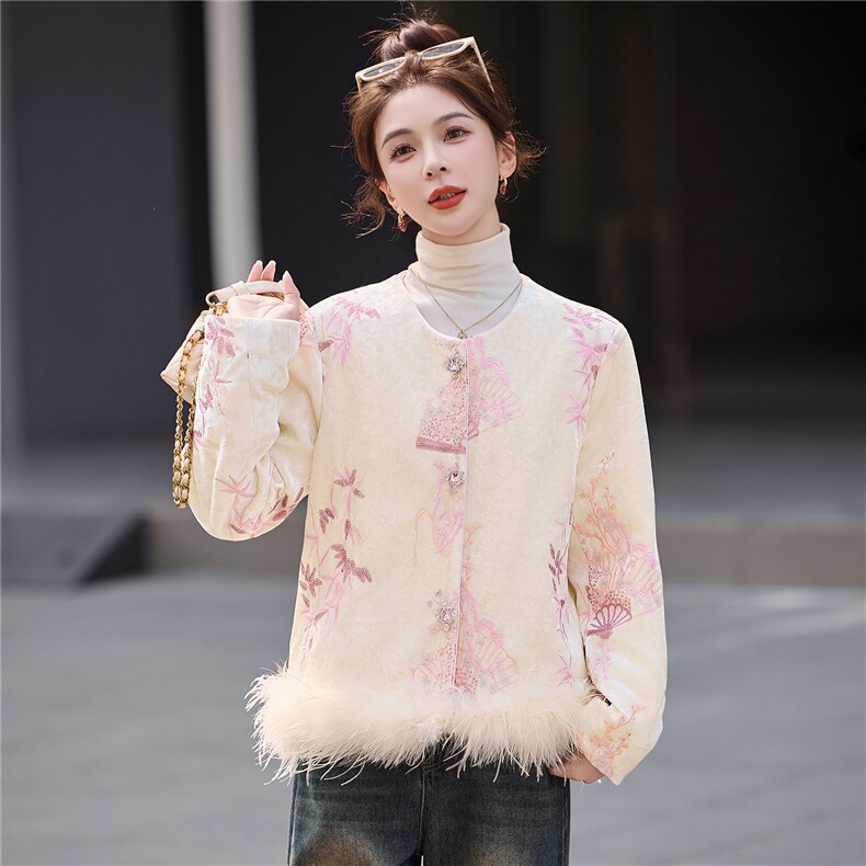 新中式国风刺绣羽绒服女2025冬季新款洋气减龄圆领百搭白鸭绒外套,女装羽绒服,依如秀(原杭风阁)