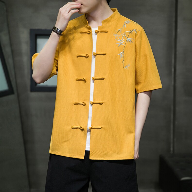 新款风刺绣汉服时尚唐装华夫格T329-P58-控75,男装民族服装,电商A227
