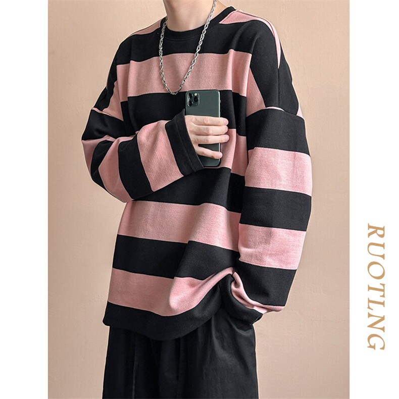 春秋现货高品质潮牌卫衣98.4%棉粉色条纹上衣宽松A351-AW2514-P75,男装卫衣,电商A351