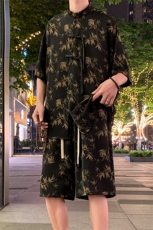 2025夏季新中式冰丝垂感花衬衣宽松休闲五分套装男TZ655-P58控78，男装休闲套装，电商C305A