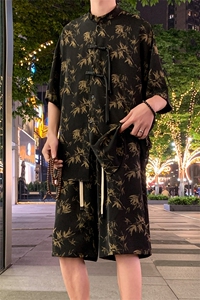 2025夏季新中式冰丝垂感花衬衣宽松休闲五分套装男TZ655-P58控78图片