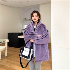 新款保暖外套立领杠条拼接长袖秋冬加厚超柔仿兔毛百搭显瘦外套女，女装皮草，潮品会
