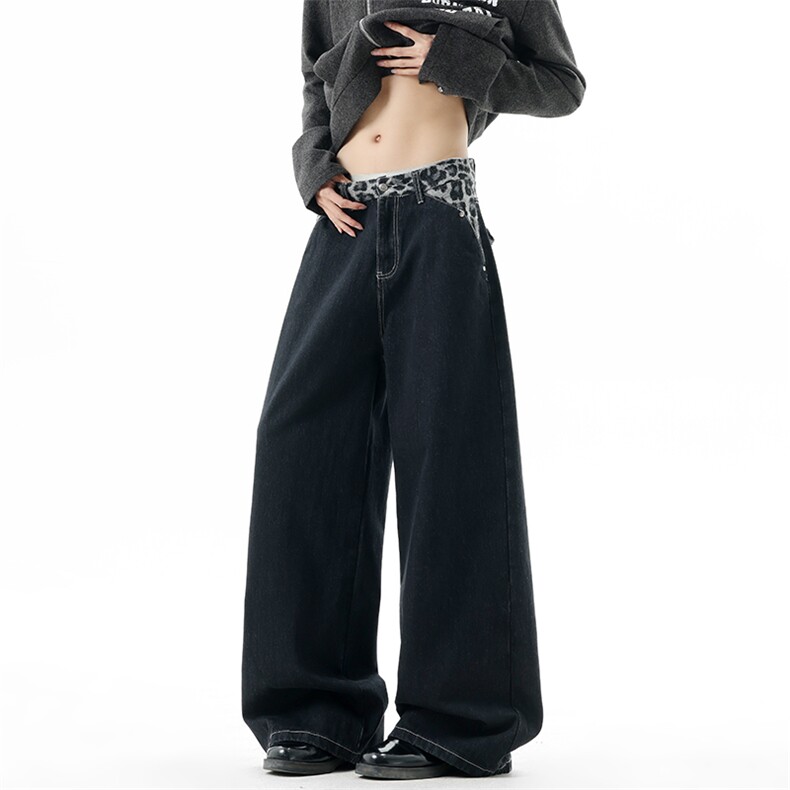 【现货】XZ1218BKN015特价P54潮豹纹腰头拼接高街阔腿牛仔裤，男装牛仔裤，星座1218（原611-3）