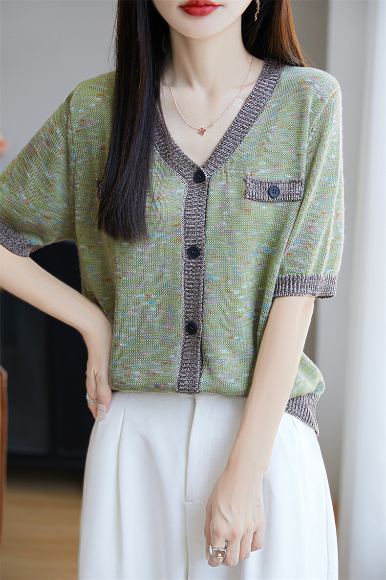 撞色冰丝针织V领短袖T恤女2025夏小香风拼色显瘦上衣假开衫套头t,针织衫/毛衣,唐诺