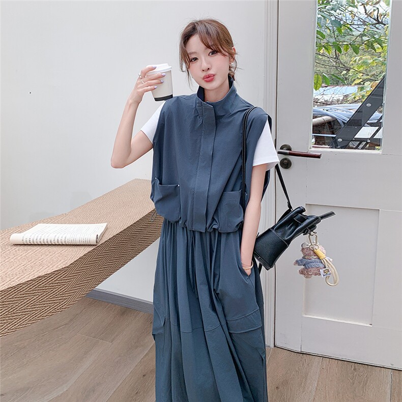 灰蓝色工装半身长裙子套装女夏季2025新款时尚休闲马甲T恤三件套,女装套装/套裙,辉之琳