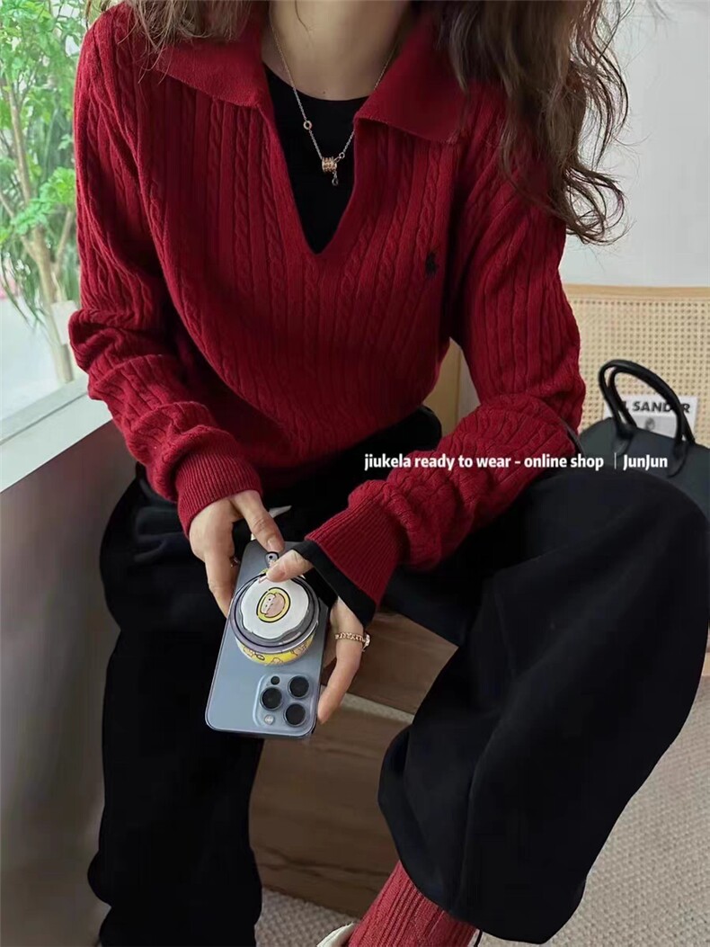 时尚小马图案女士V领羊毛衫柔软保暖舒适优雅百搭款,女装羊毛衫,千御纺羊绒