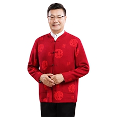 中老年人情侣唐装男女羊毛开衫爸妈本命年红毛衣爷爷奶奶秋冬外套，女装羊毛衫，衣恋羊绒