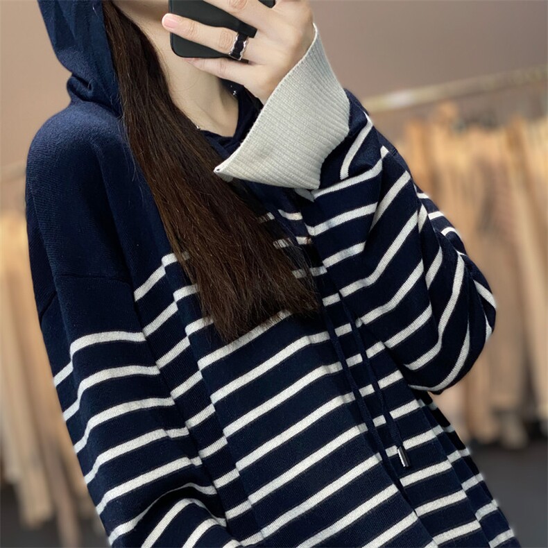 春季新款连帽精纺羊毛衫女帽衫长袖宽松设计感条纹毛衣针织衫卫衣,针织衫/毛衣,雪真羊绒