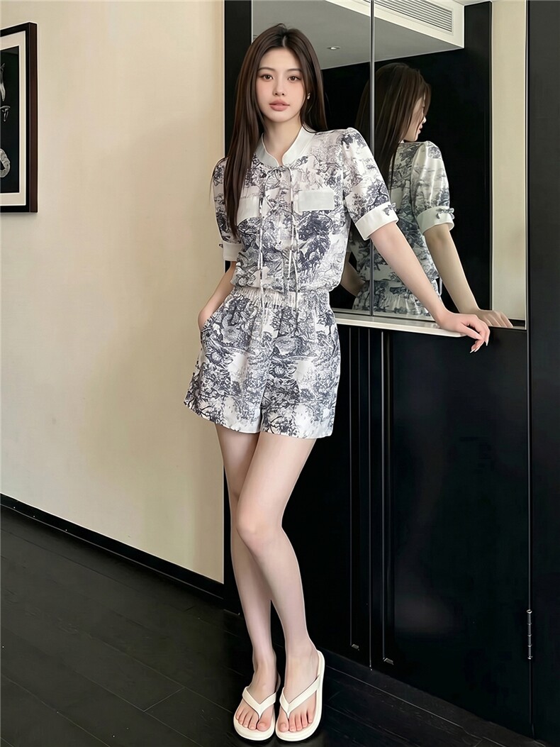 新中式盘扣立领短袖套装女夏季新款休闲运动阔腿短裤两件套潮,女装套装/套裙,江南