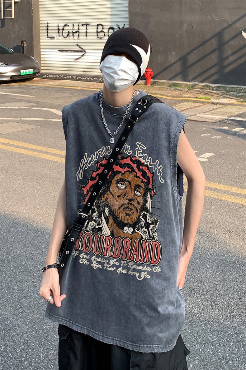 B239-1277-P38夏季水洗做旧背心/马甲美式复古人像印花无袖T恤,男装背心/马甲,星座514-2(原B239)