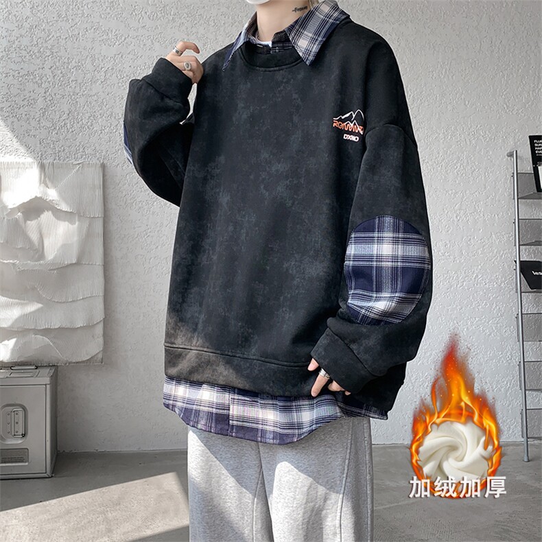 现货WY10095-P58加绒P68扎染撞色拼接格子假两件卫衣,男装卫衣,电商A059