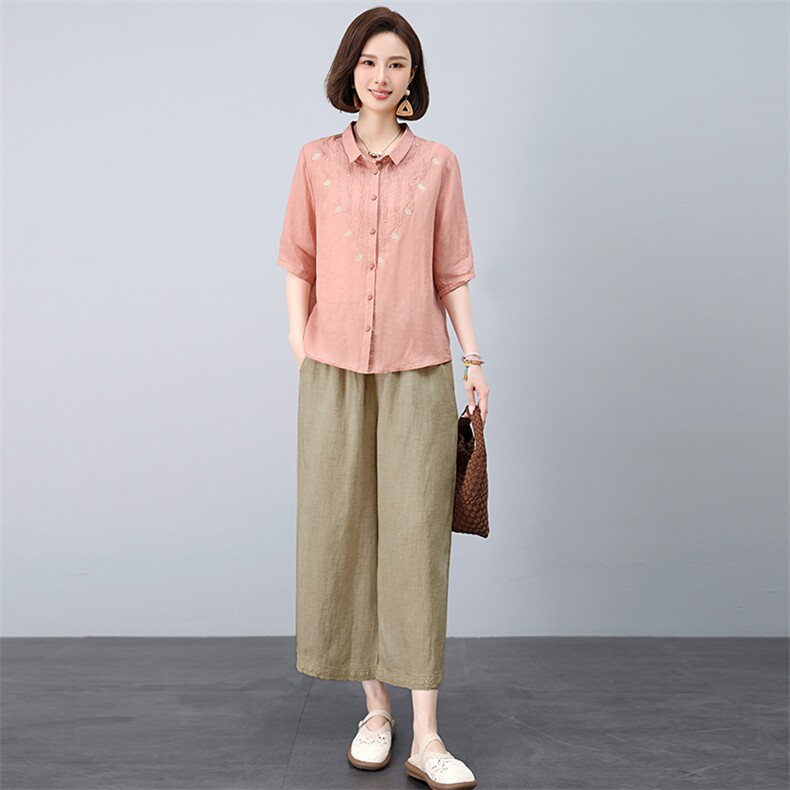 时尚刺绣套装夏季2025新款苎麻上衣亚麻裤两件套,女装套装/套裙,忆绮罗