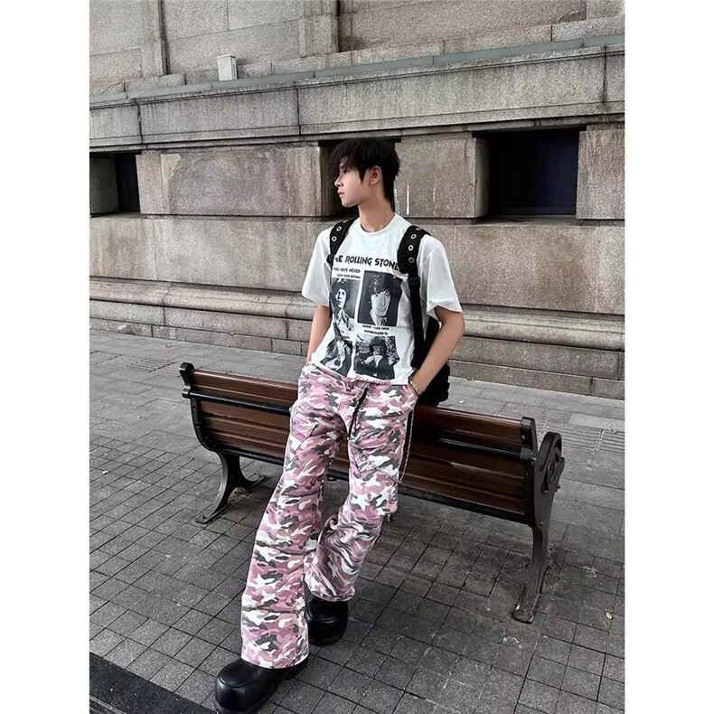 粉色工装迷彩裤男潮牌美式高街vibe裤子宽松直筒阔腿长裤,男装牛仔裤,星座506A