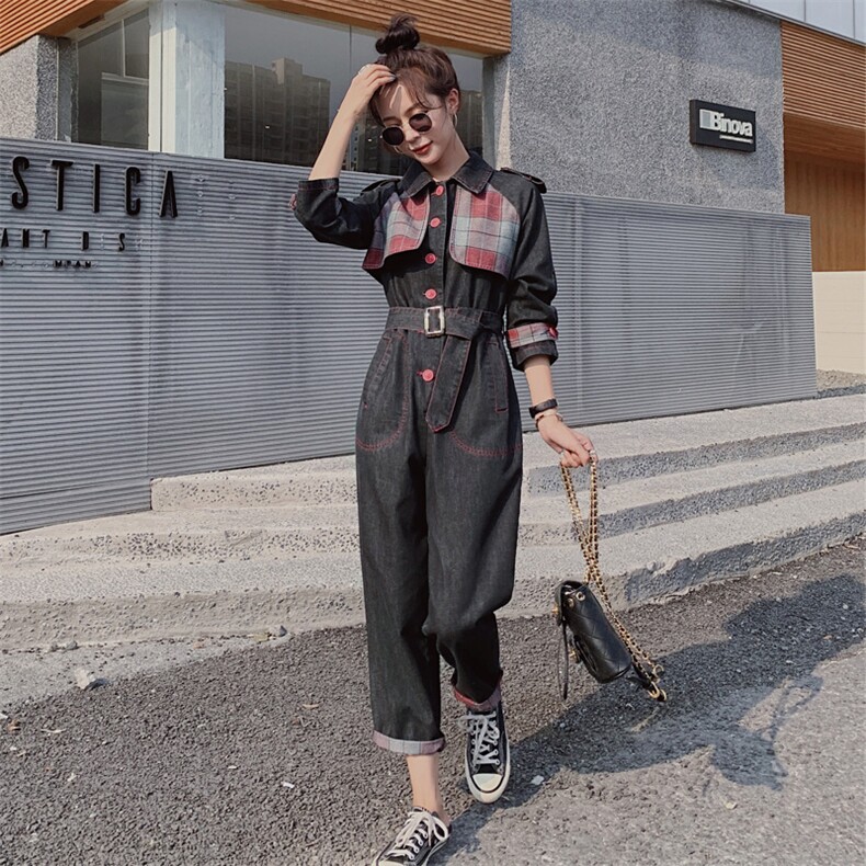 2021春秋季格纹拼接时尚连体裤高腰时尚翻领休闲舒适百搭女,女装休闲裤,秋水欣儿