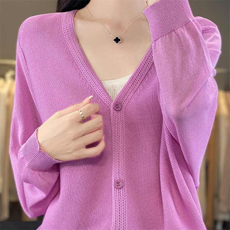 冰丝V领宽松针织开衫女夏季薄款百搭空调衫2025新款纯色防晒披肩，女装针织衫/毛衣，德尔信羊绒
