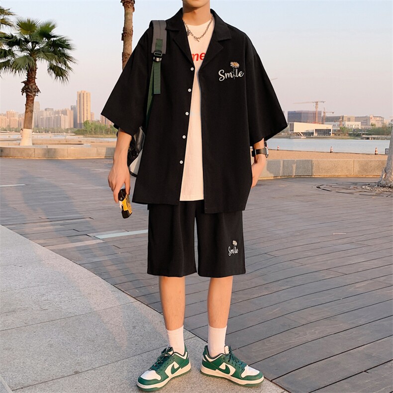绣花弹力透气衬衣短袖套装夏季衬衫短裤两件套XTZ221-特P55控108,男装T恤,电商B370