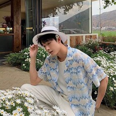 2025夏季新款潮牌白色褶皱设计短袖衬衫男款休闲轻奢个性男士衬衣，男装T恤，星座506A