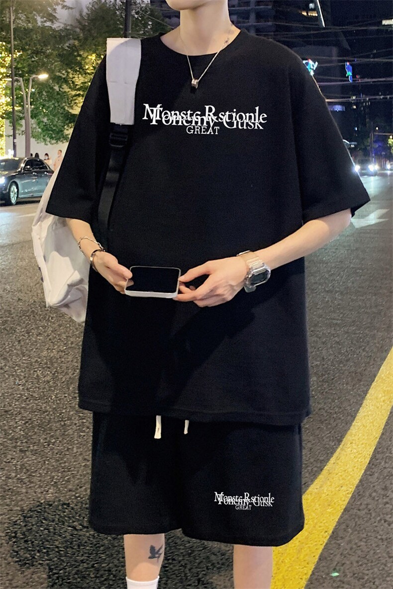 ！2025夏季新款男士印花华夫格短袖套装学生一套HTZ121P50,男装T恤,电商B220