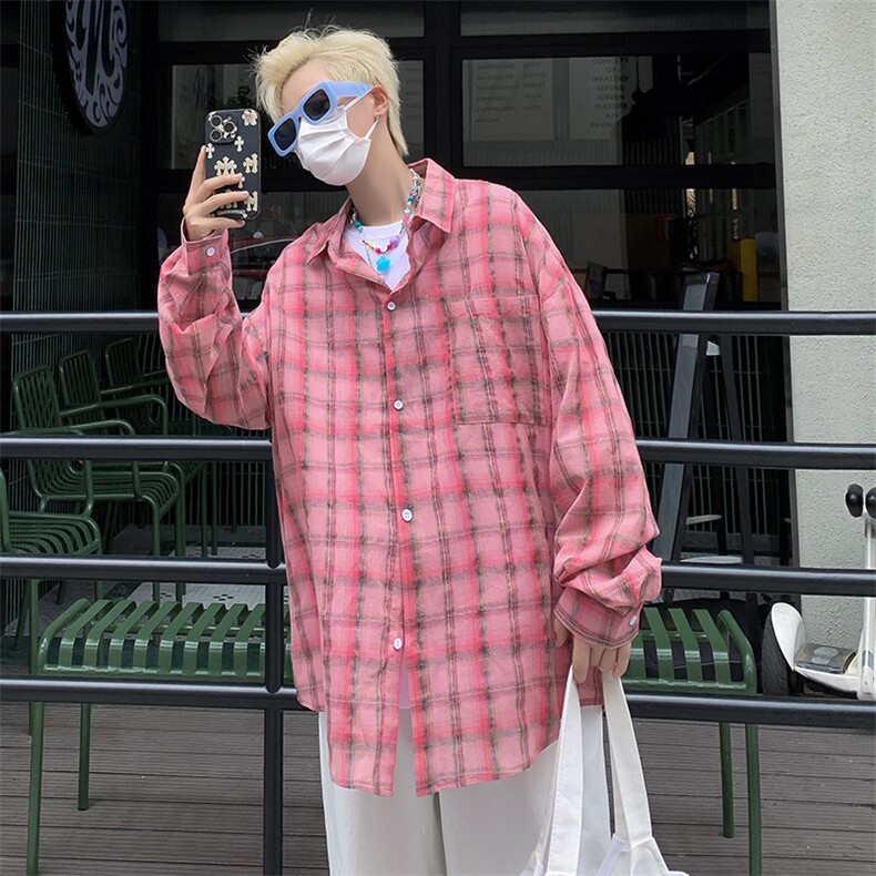 格子衬衫男女款ins潮牌宽松痞帅长袖衬衣帅气春秋外套C08013-P45,男装衬衫,星座308B-2