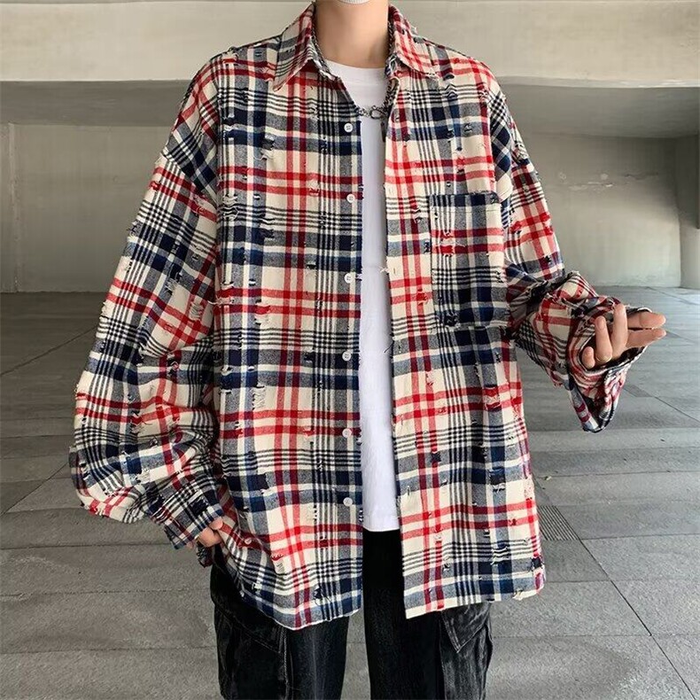 美式复古设计感拼色条纹长袖衬衫男女破洞休闲宽松春夏情侣外套男图片