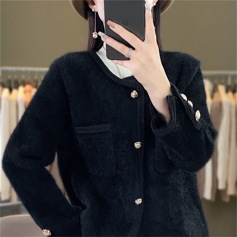 时尚水貂绒外套女款秋冬新款显瘦百搭气质开衫毛衣外套,针织衫/毛衣,暖姿羊绒