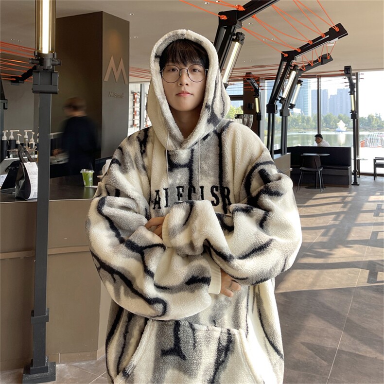 水墨扎染羊羔绒连帽卫衣复合超柔绒750克连帽棉衣XZ301AY05P95,男装棉衣,星座301A