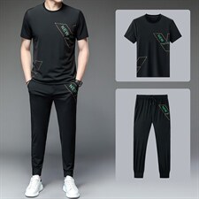 男装冰丝男爸爸中老年人夏装套装时尚冰丝短袖T恤男40-50岁爸爸，男装休闲套装，电商B212（原钱塘6029）