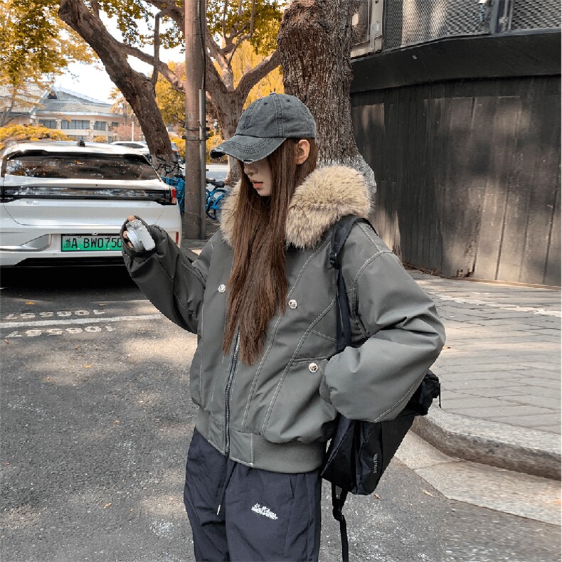 现货重磅boxy短款棉衣座山雕大毛毛领男女棉服水洗工装厚外套,男装棉衣,电商A486