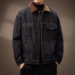 美式复古加绒加厚牛仔外套男2025冬季潮牌宽松羊羔绒保暖棉服夹克图片