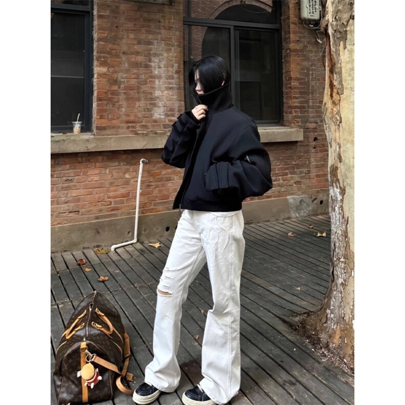 黑色折棘美式bomber夹克男款春秋弯刀绑带袖高级感cleanfit短外套,男装夹克,星座506A