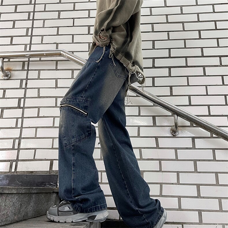 美式高街复古做旧拉链牛仔裤男水洗休闲直筒宽松潮牌长裤N865-P50,男装牛仔裤,星座308B-2